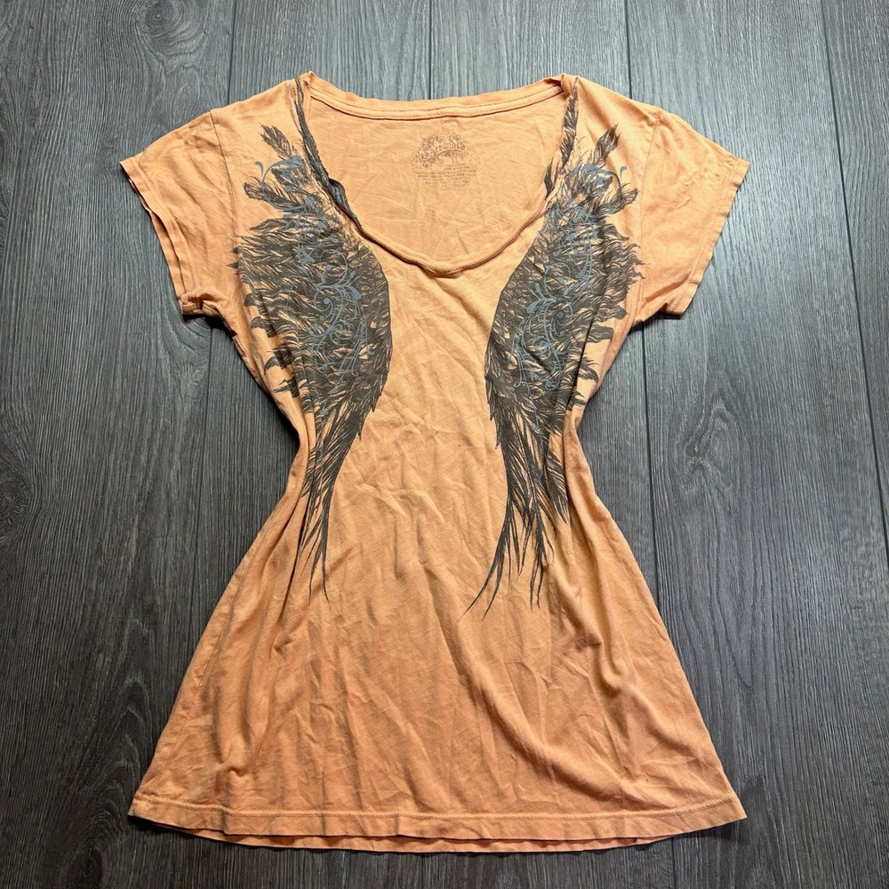 Stranded Womens XL Peach Angel Wing Graphic T-Shirt Short Sleeve Y2K Scoop Neck